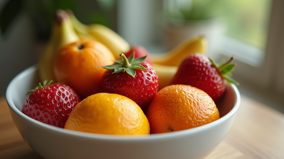 Eye-level view of a fresh fruit bowl