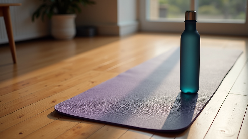 High angle view of a yoga mat and water bottle on a wooden floor