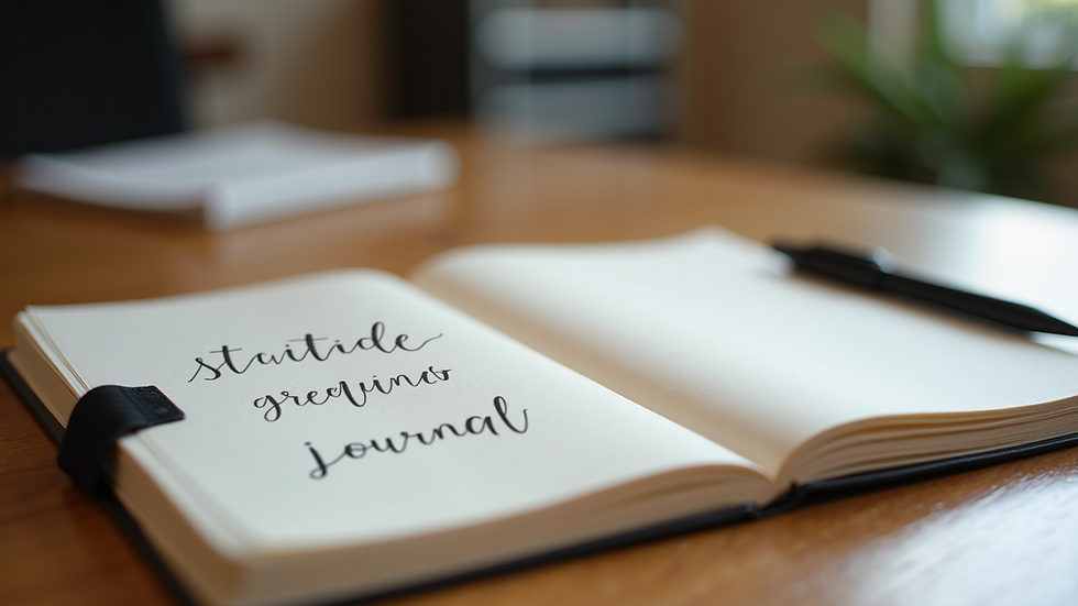 Close-up view of a gratitude journal with a pen on a wooden table