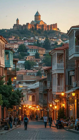 Tbilisi Old Town cobblestone street at dusk with Narikala Fortress on the hill – Georgia's culturally rich and accessible capital city for corporate retreat destination planning