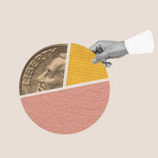 A collage-style illustration of a hand removing a yellow segment from a pie chart overlaid on a US Liberty coin against a warm beige background, representing venue revenue share and the allocation of bookings won through competitive proposal strategies.
