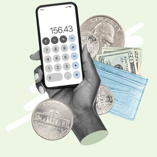 A collage-style image of a hand holding a smartphone displaying a calculator with the figure 156.43, surrounded by US coins, folded dollar bills, and a blue leather card wallet, representing the all-inclusive pricing strategy that drives higher conversion rates on venue buyout proposals.