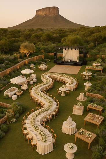 Bird's-eye view of an elegant outdoor wedding reception with a serpentine table on green grounds, a dramatic mesa at golden hour — luxury boutique hotel buyout wedding