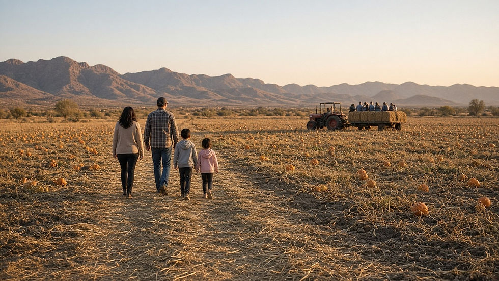 A family walking a pumpkin patch path toward a hay wagon on an Arizona farm in warm late-afternoon light
