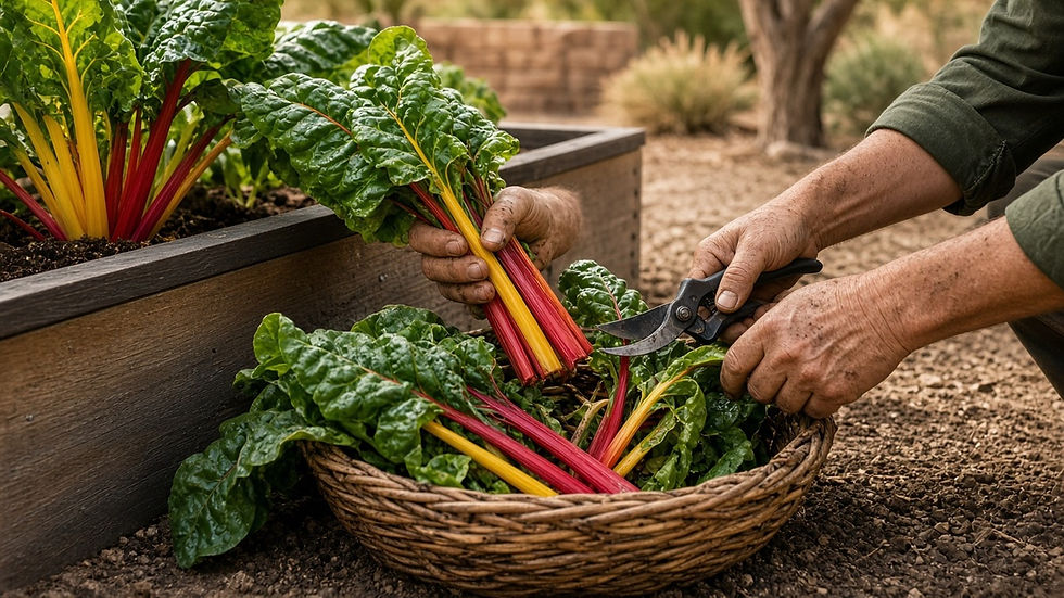 Harvesting the outer leaves of rainbow Swiss chard with red, yellow and pink stems into a woven basket from a low desert Arizona raised garden bed in soft fall light