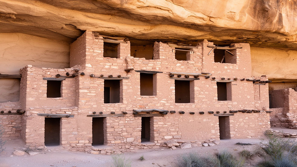 Close view of the multi-story Sinagua masonry dwelling tucked in the limestone alcove