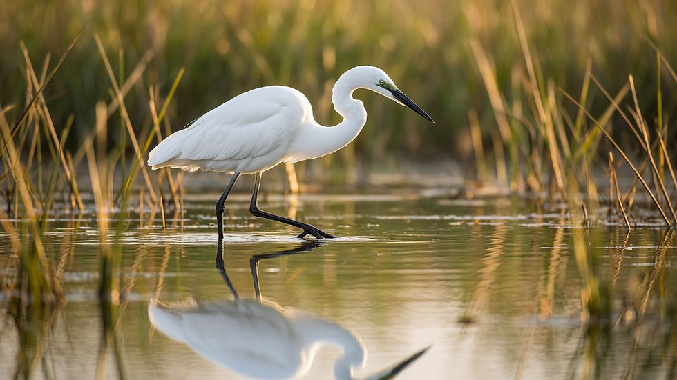 A great egret wading in shallow water among reeds at a desert wetland pond in the Arizona East Valley