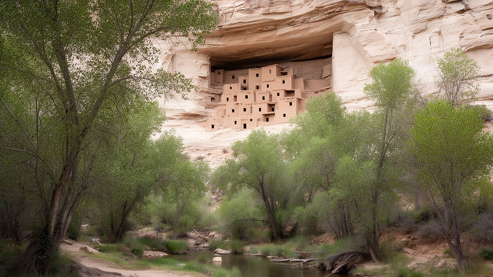 Paved trail beneath a Sinagua cliff dwelling set in a limestone alcove above the creek