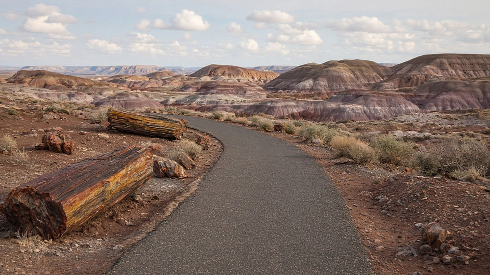 Winding paved trail through blue and purple striped badlands at Blue Mesa in Petrified Forest National Park