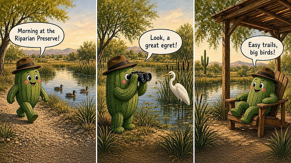 GreenThumb cactus mascot comic strip about a fall morning birding walk around the ponds at the Riparian Preserve at Water Ranch in Gilbert Arizona