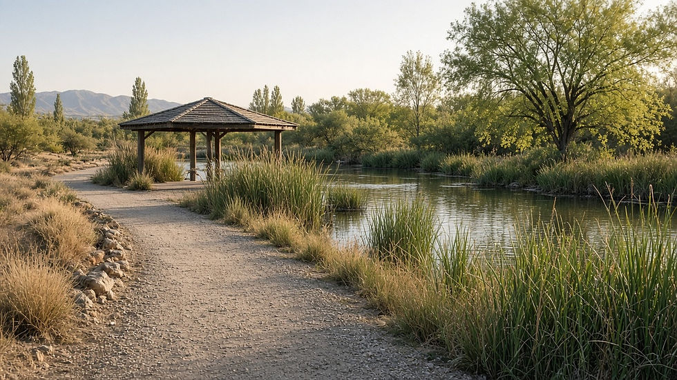 A gravel walking trail curving along a calm pond lined with cattails, cottonwoods and mesquite at an urban desert wetland preserve in Gilbert Arizona in golden morning light