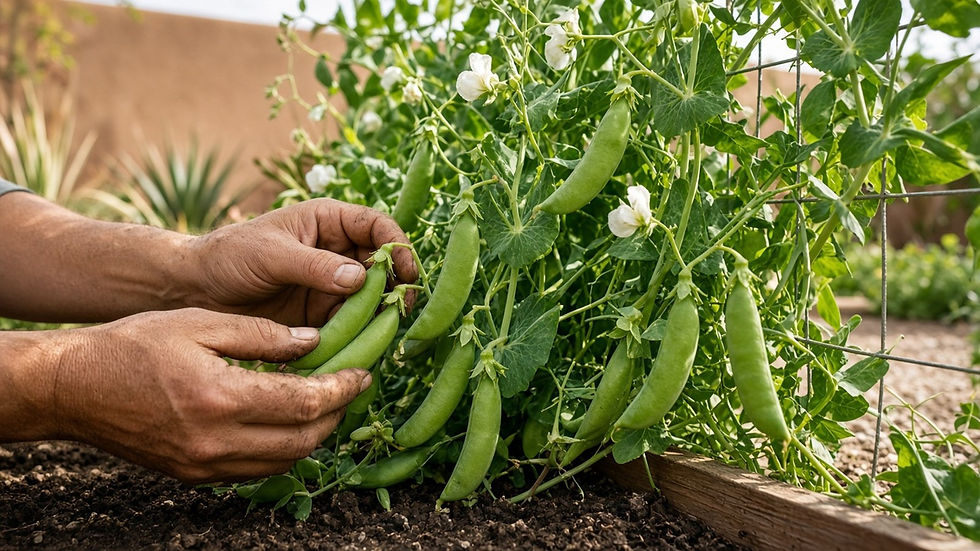 Hands picking plump sugar snap pea pods from vines with white flowers climbing a wire trellis in a low desert Arizona backyard raised bed