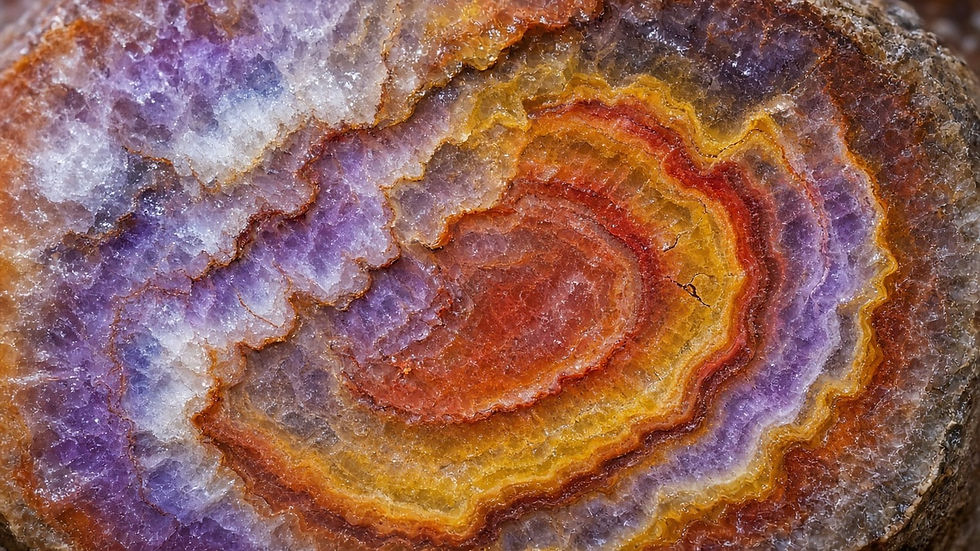 Close-up of a polished cross section of petrified wood showing red, orange and purple quartz rings