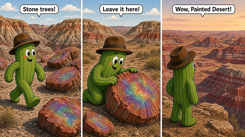 Three-panel GreenThumb cactus comic about visiting Petrified Forest National Park