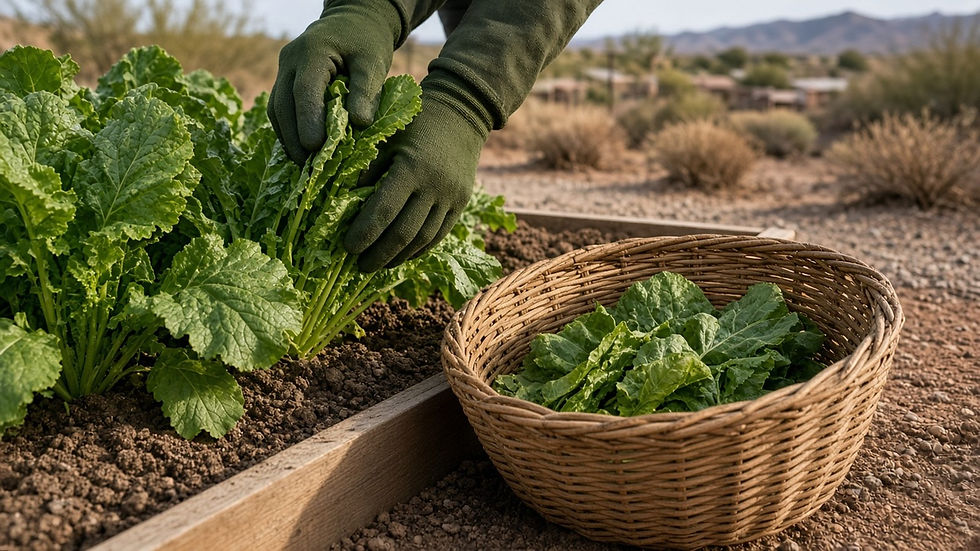 Gardener harvesting outer leaves of mustard greens into a basket in a sunny Arizona raised bed