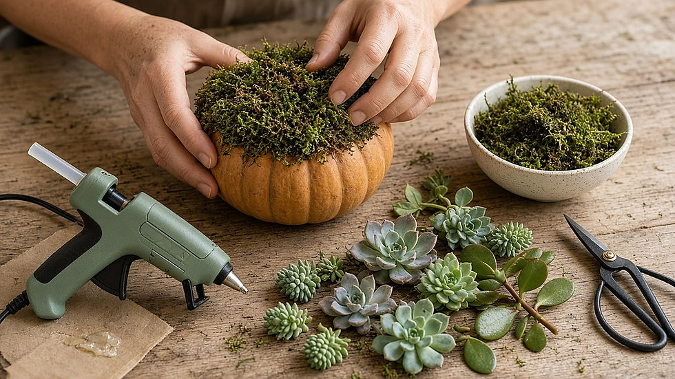 Hands pressing moss onto the top of a pumpkin beside a glue gun, scissors, and echeveria and sedum cuttings laid out on a wooden table