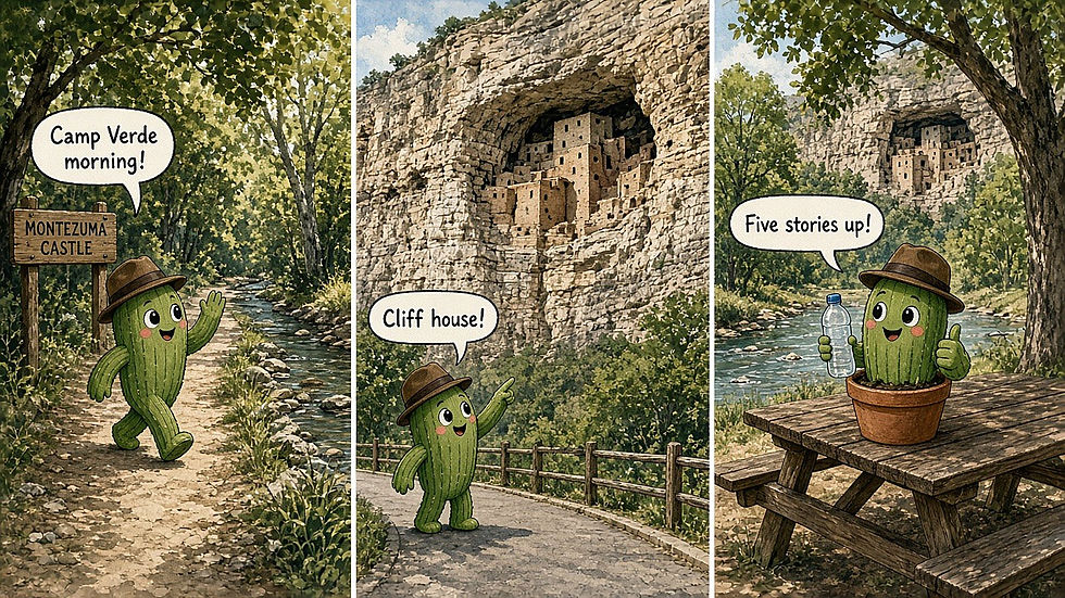 Three-panel comic of a hatted cactus on the Camp Verde path, pointing up at the cliff dwelling, and sitting at a picnic table with water