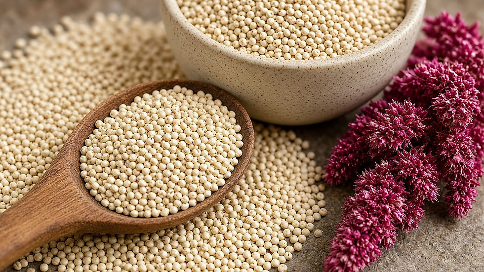 Close-up of young amaranth leaves and a dried seed head with tiny grains in a bowl