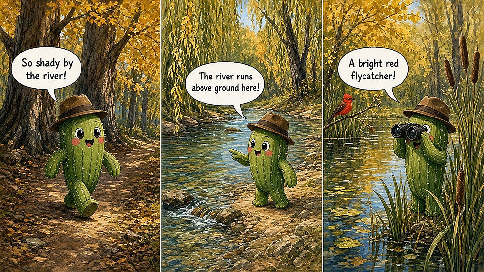 Three-panel comic of the GreenThumb cactus birdwatching under cottonwoods at Hassayampa