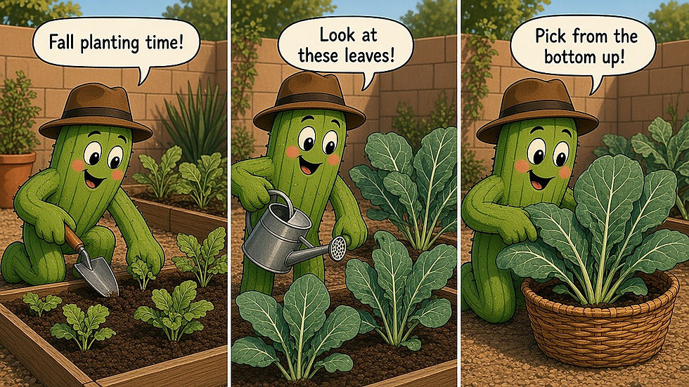 Three-panel GreenThumb cactus comic about growing collard greens in a winter garden