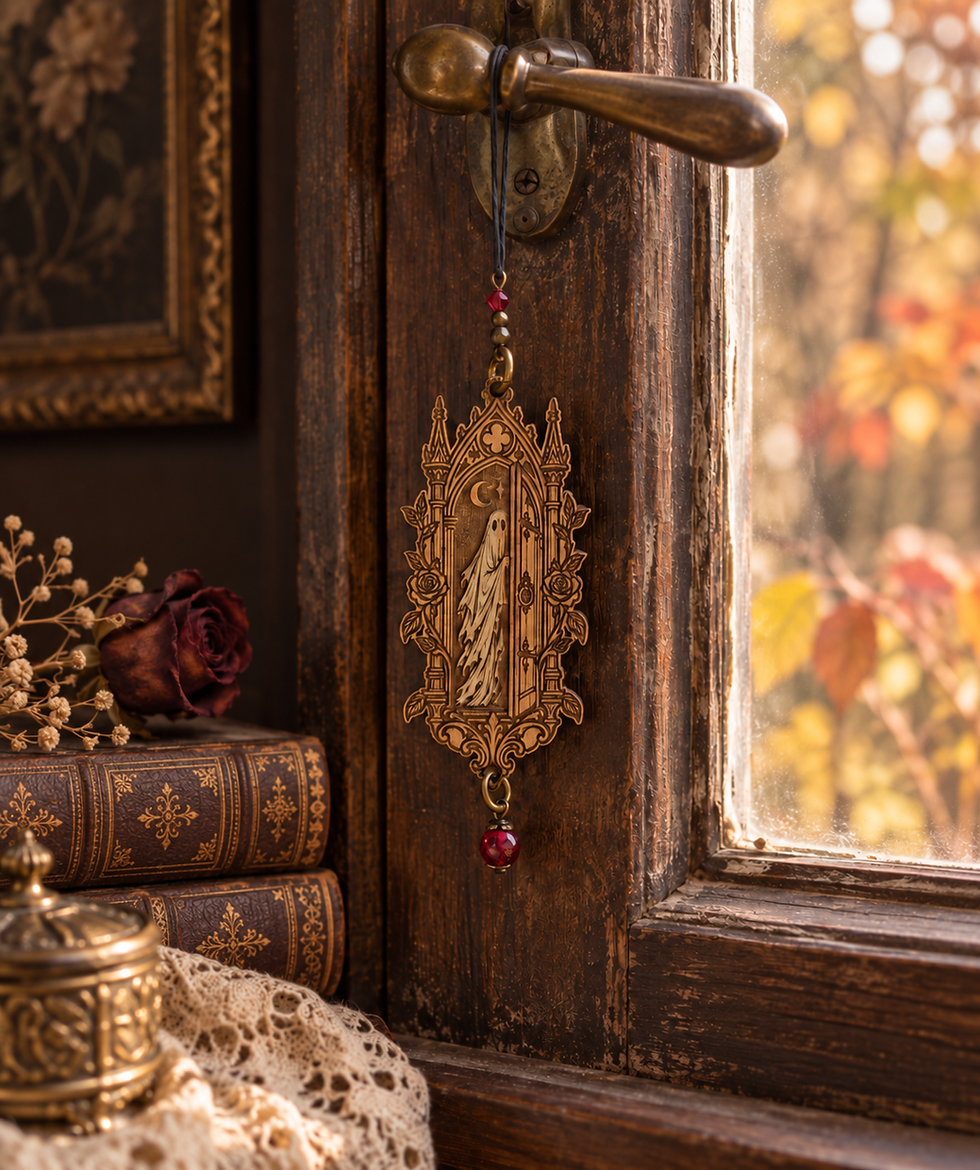 Talisman en bois gravé représentant un fantôme devant une porte gothique, décoré de roses et d’une perle rouge.