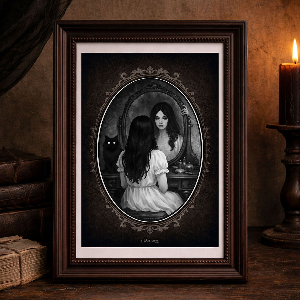 Illustration gothique victorienne en noir et blanc d’une femme face à un miroir ancien, accompagnée d’un chat noir