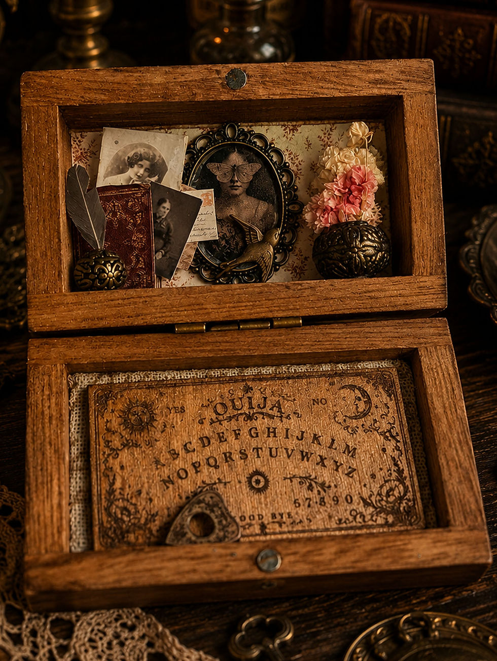Boîte-cabinet de curiosité en bois, objets miniatures: portrait, livre, fleurs séchées et planche ouija