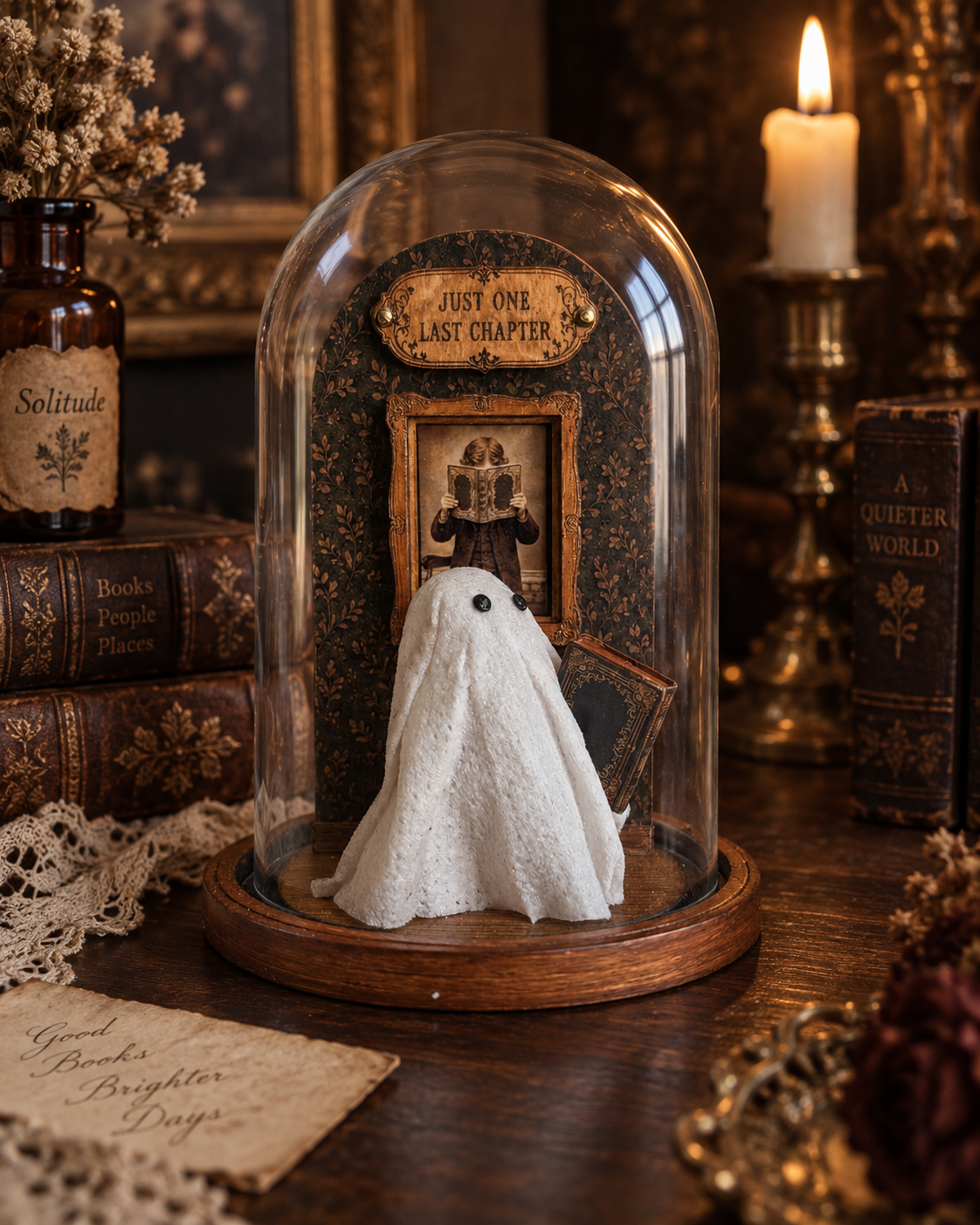 Cloche fantôme sous verre avec un revenant assis près d’un livre miniature dans un décor gothique poétique.