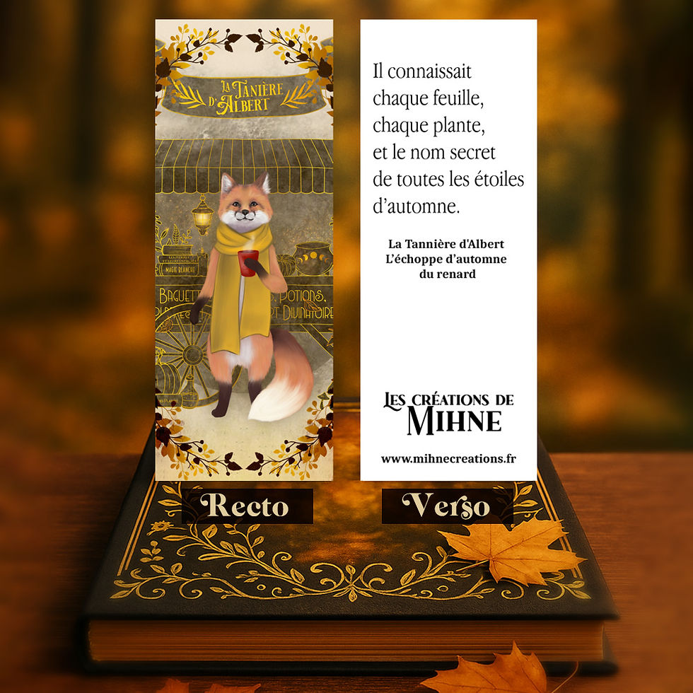 Marque-page illustré représentant Albert, un renard portant une écharpe, devant son échoppe ésotérique en bois.