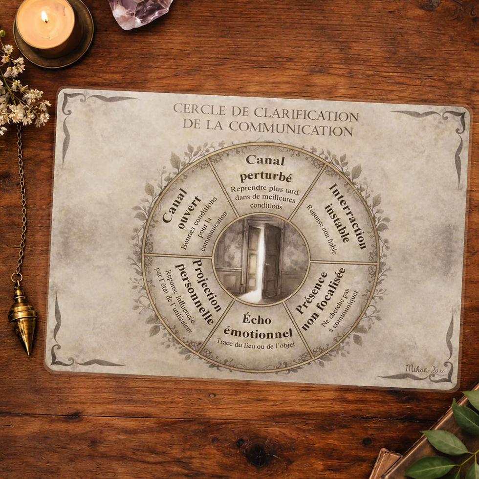 Planche de radiesthésie pour la clarification de la communication, sur une table en bois, éclairée par une lumière douce.