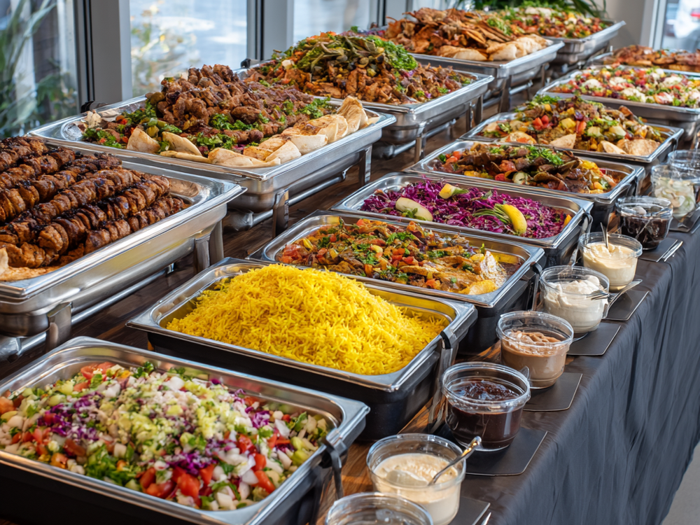 Pitamore catering buffet with chafing dishes full of fresh Mediterranean food