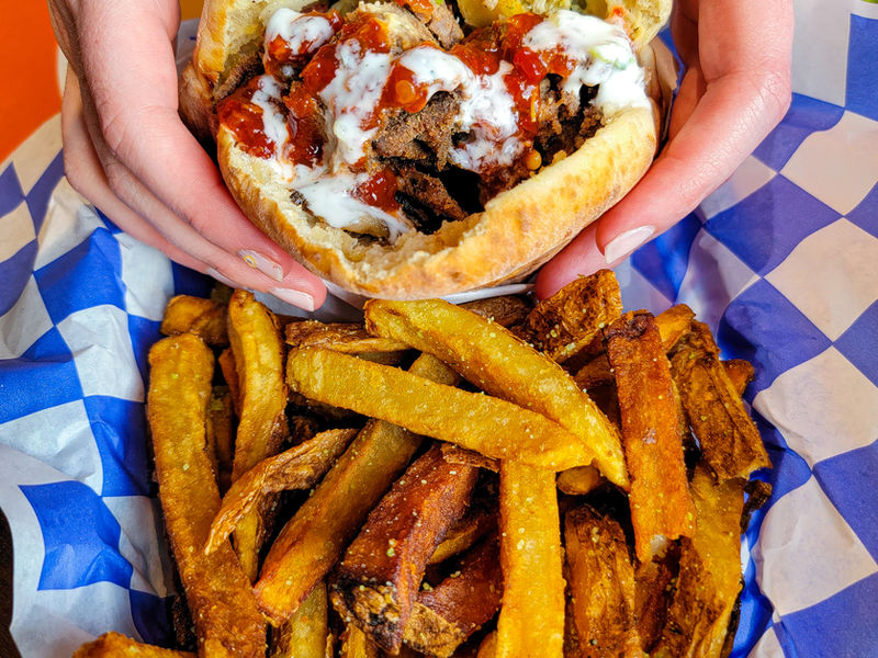 Chicken shawarma pita with fresh-cut fries