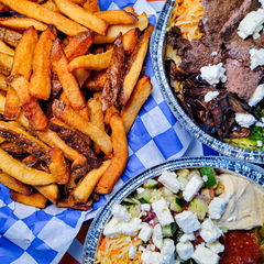 Chicken shawarma plate with fries and feta