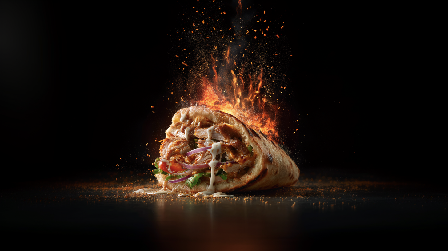 Spit-roasted Pitamore shawarma wrap, flame-finished and fresh from the grill