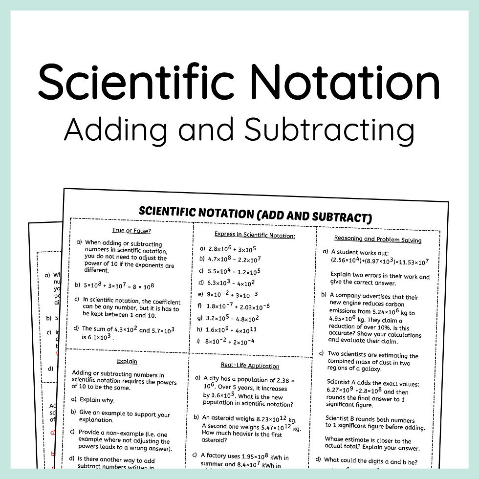 Adding and Subtracting Scientific Notation Review Sheet