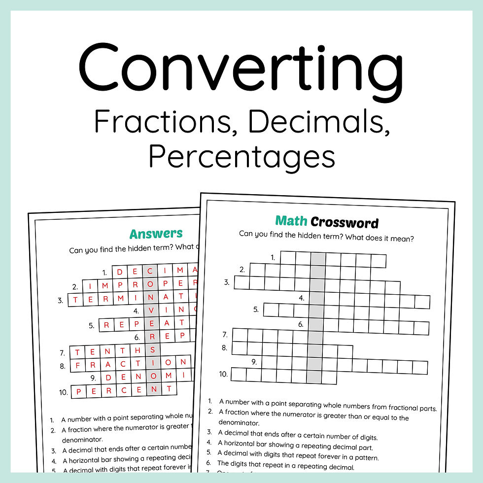 Converting Fractions, Decimals and Percentages Crossword