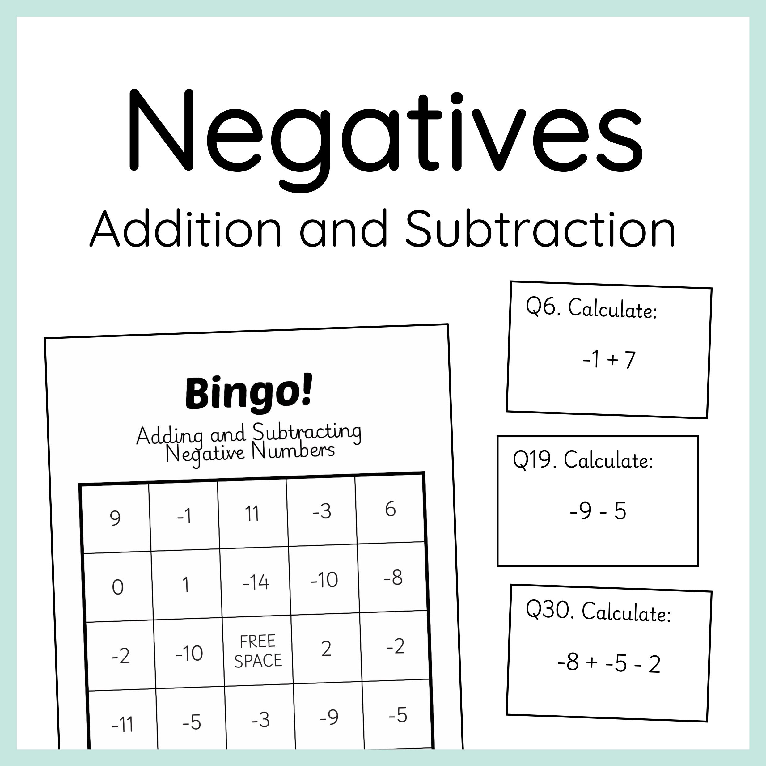 Adding and Subtracting Negative Numbers Bingo
