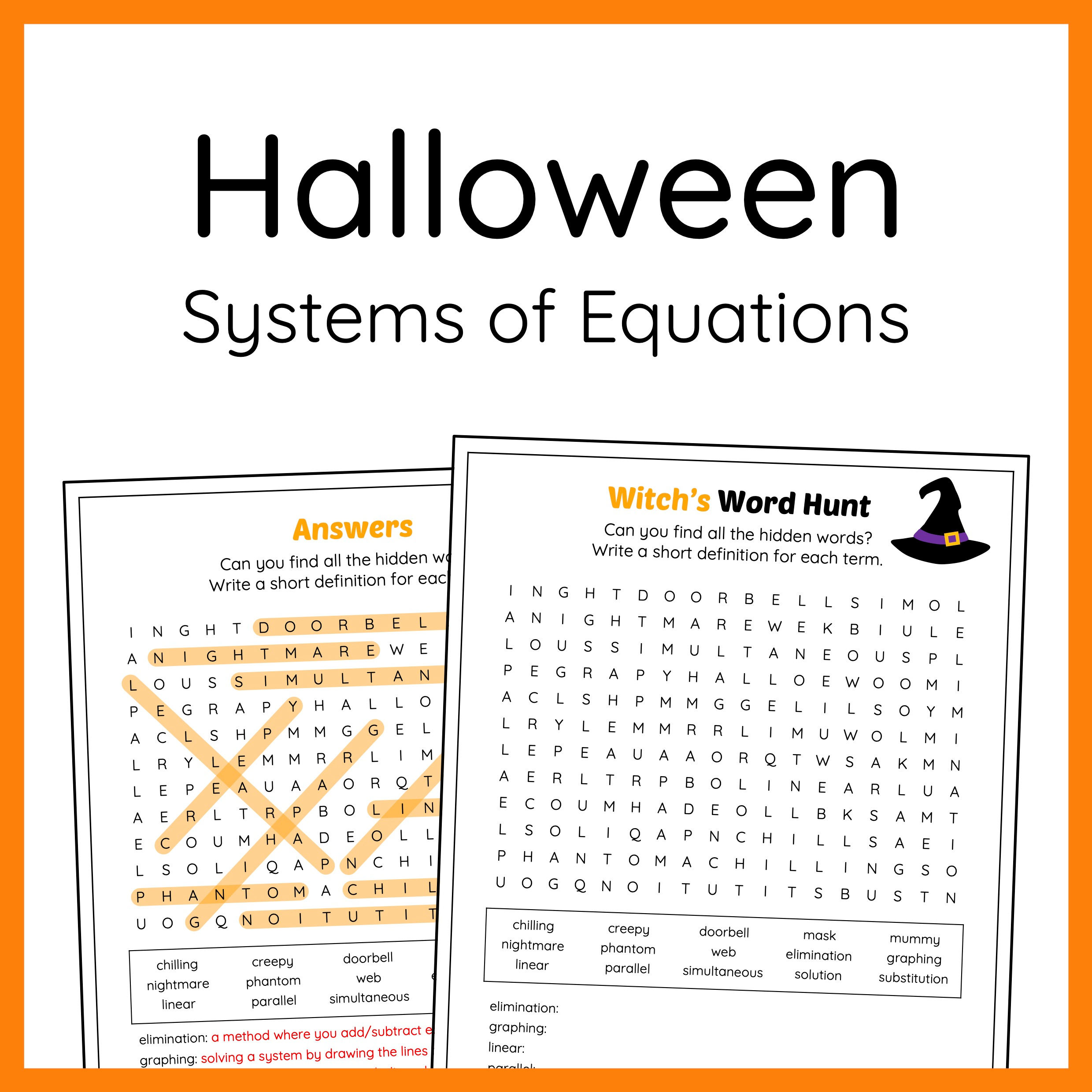 Halloween Solving Systems of Equations Word Search