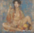 Femme aux fruits, encaustique sur toile, 93x95cm