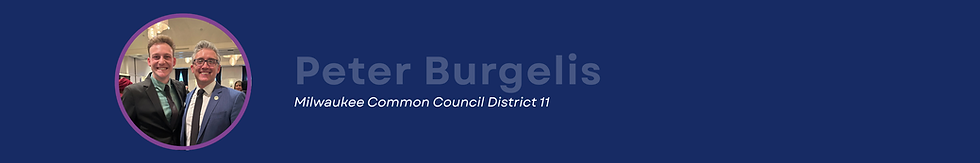 Two men standing next to each other smiling, the left man is in a black suit and teal shirt and the right is in a blue suit and white shirt.  Peter Burgelis Milwaukee Common Council District 11