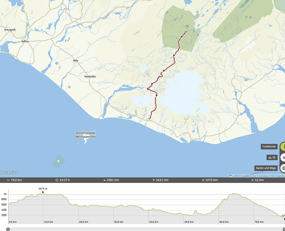 Streckenverlauf des Laugavegur Trails in der Karte eingezeichnet