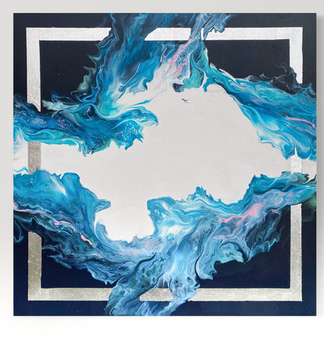 Abstract fluid art. Hues of phthalo blue, blue and silver with hints of rose pink. This painting calls the energy of water to bring change and transformation.