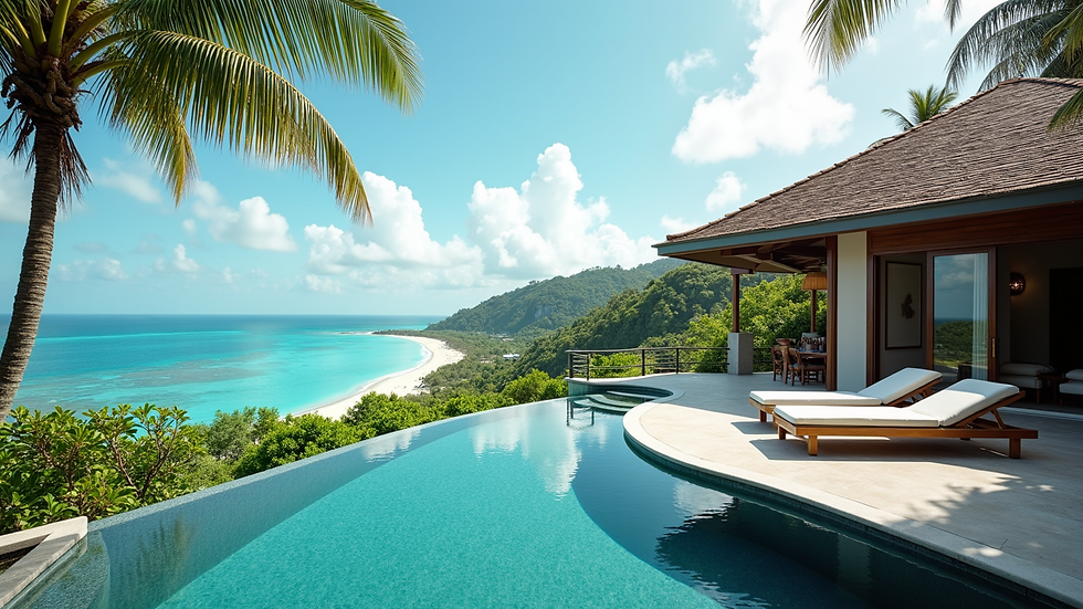 High angle view of a luxurious villa overlooking tropical bay