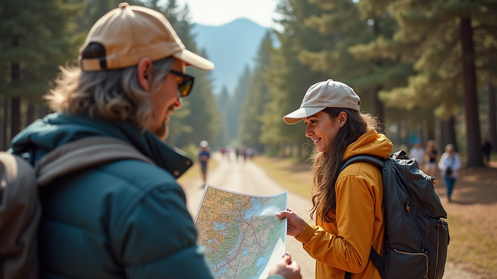 Eye-level view of a local guide showing a map to a traveler