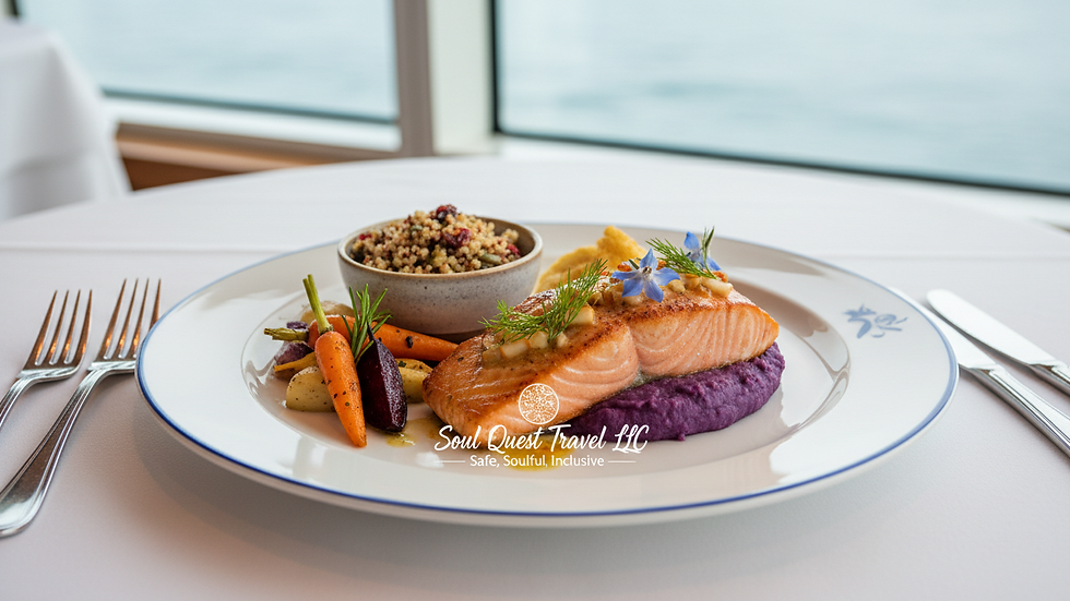 Close-up view of a gourmet allergy-friendly meal served on a cruise ship