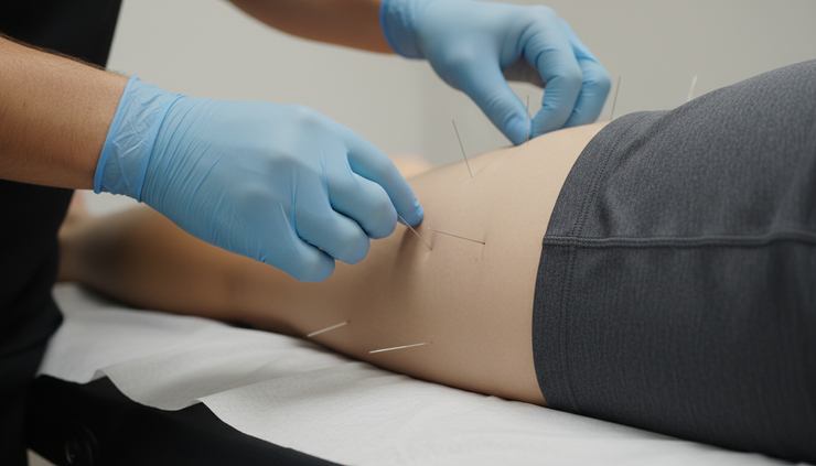 Close-up view of a clinician's gloved hand placing a thin dry needle near the outer hip.