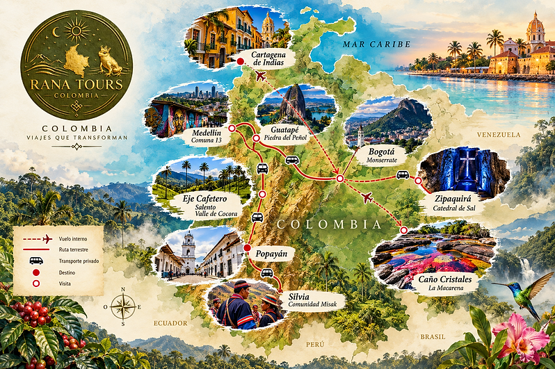 DMC Kolumbie · RANA TOURS · Kolumbie · Caño Cristales · La Macarena · řeka sedmi barev · Serranía de la Macarena · Macarenia clavigera · Bogotá · Monserrate · Zipaquirá · Solná katedrála · Popayán · Silvia · indiáni Misak · domorodá kultura · Kávová oblast · Salento · údolí Cocora · voskové palmy · kolumbijská káva · Hacienda El Ocaso · Santa Rosa de Cabal · termální prameny · Medellín · Comuna 13 · pouliční umění · Guatapé · Piedra del Peñol · Cartagena de Indias · kolumbijský Karibik · příroda · původní kultury · památky UNESCO · gastronomie · autentické zážitky · poznávací zájezd · dobrodružství · butikové cestování · zájezdy na míru