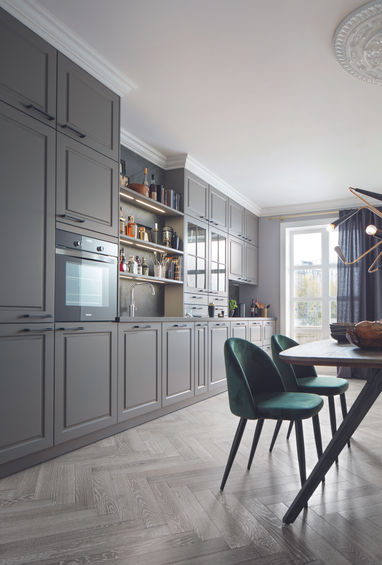 Side view of Schuller shaker kitchen in Agate Grey 