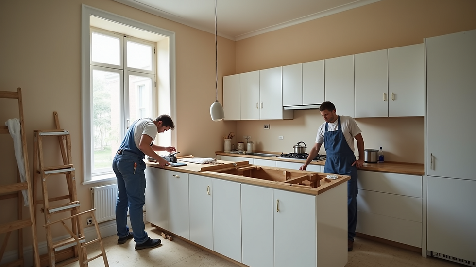High angle view of kitchen renovation with workers installing cabinets