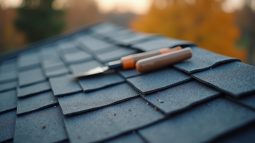 Close-up view of roofing tools and new shingles ready for installation